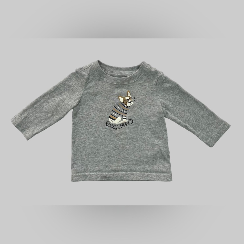 Janie and Jack Frenchie Dog Long Sleeve Tee Gray 3-6M